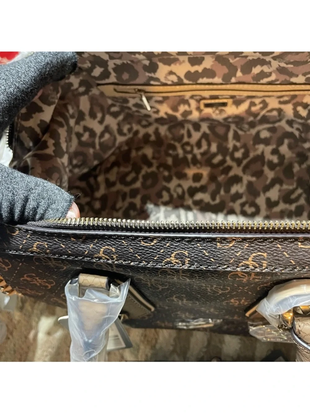 GUESS Brown Monogram Satchel with Gold Hardware